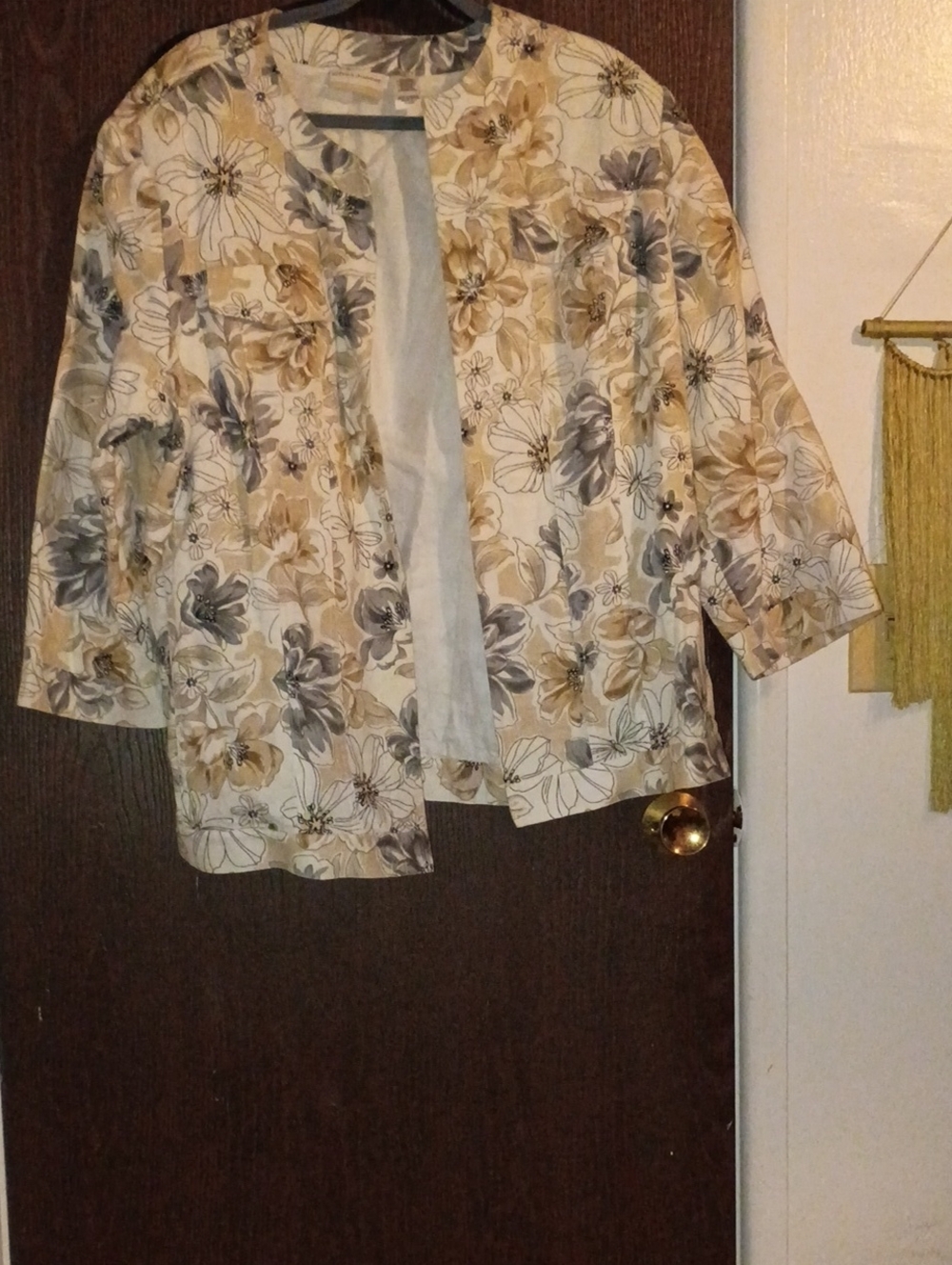 Alfred Dunner Floral Open-Front Jacket in Beige and Gray